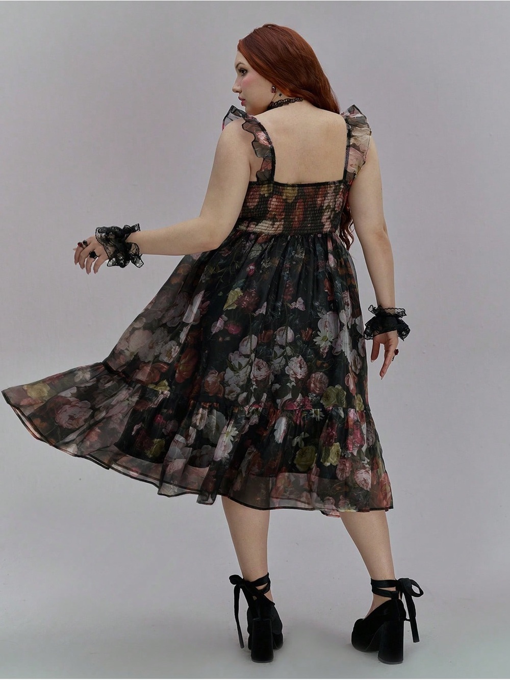 ROMWE Black Sheer Floral Tiered Dress with Pink and Orange Blooms - Picture 6 of 7